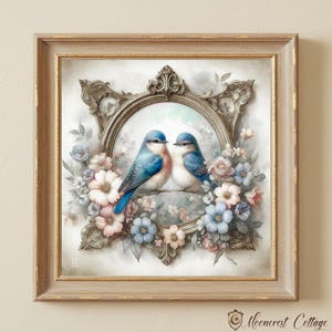 Spring Bluebirds Cottage Art Print, French Country Floral Wall Art