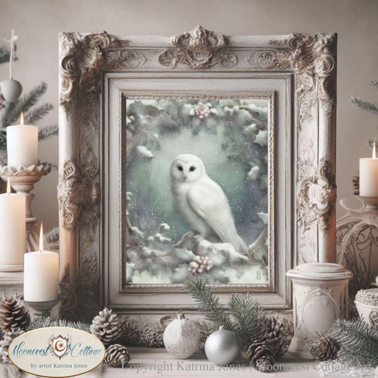 White Winter Owl with Holly Art Print