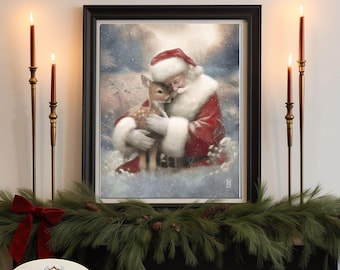 Santa And Fawn Art Print Holiday Wall Art, Country Woodland Vintage Style (Archival Paper, Matte Finish, Multiple Sizes)