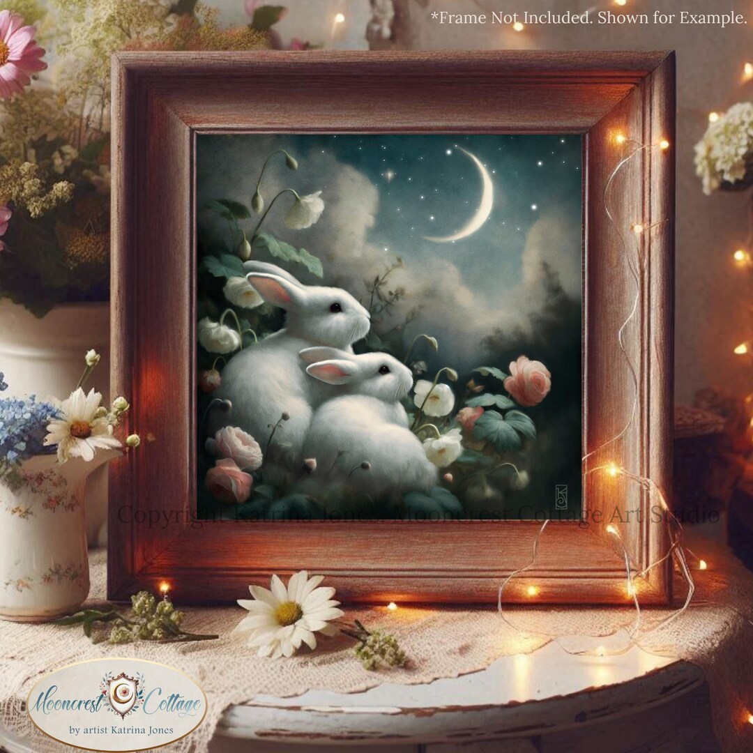 Rabbit Art - Flower Garden Rabbits Art Print - Moon Rabbit Quaint ...