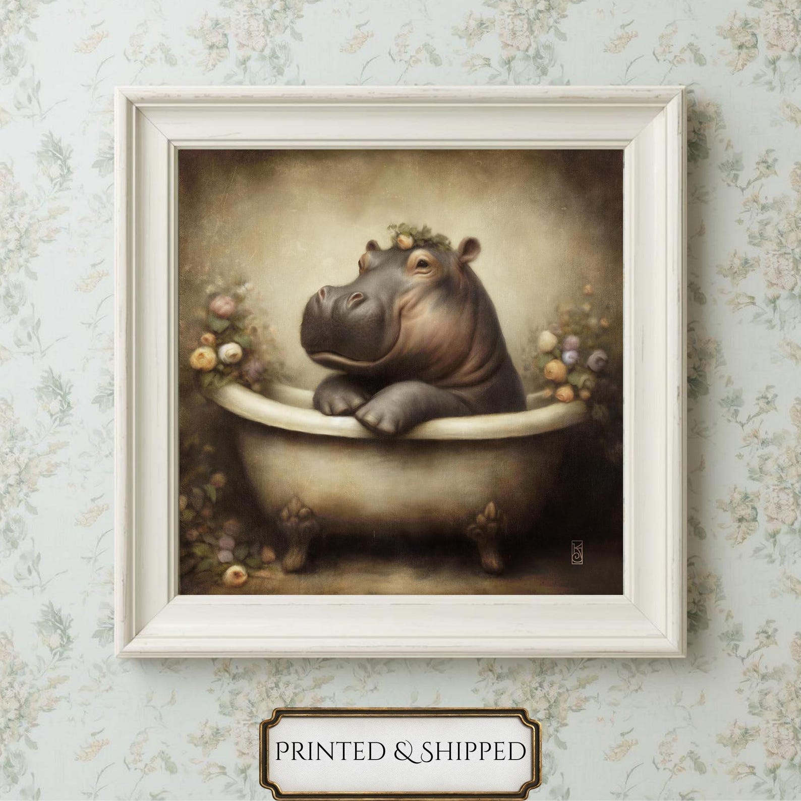 Hippo Bathtub Print: Whimsical Cottage Bathroom Art - Etsy
