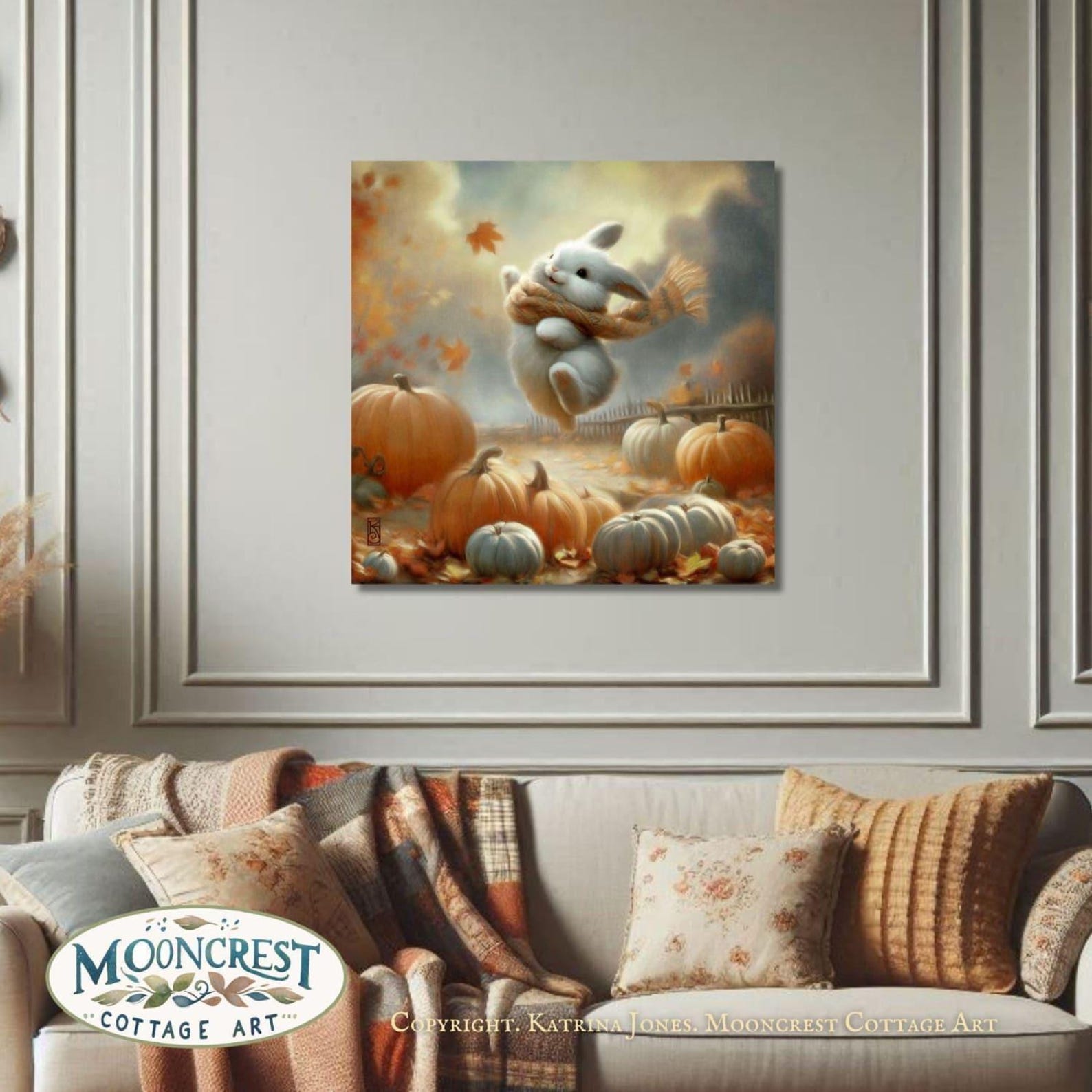 Leaping Rabbit Fall Art Print – Autumn Animal, Pumpkin Patch Scene - Etsy