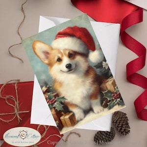 Christmas Santa Corgi Puppy Greeting Cards - French Country Farm, Winter Holiday, Cute Pet Corgi Dog Portrait, Christmas Notecards Xmas