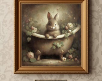 Whimsical Bunny in Bathtub Art Print – Cottage Bathroom Rabbit Wall Art - French Country Decor
