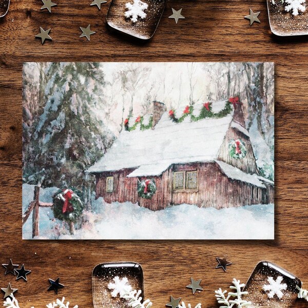 Country Christmas Rustic Cabin Winter Scene Blank Greeting Card Stationary Sets Folded Note Cards