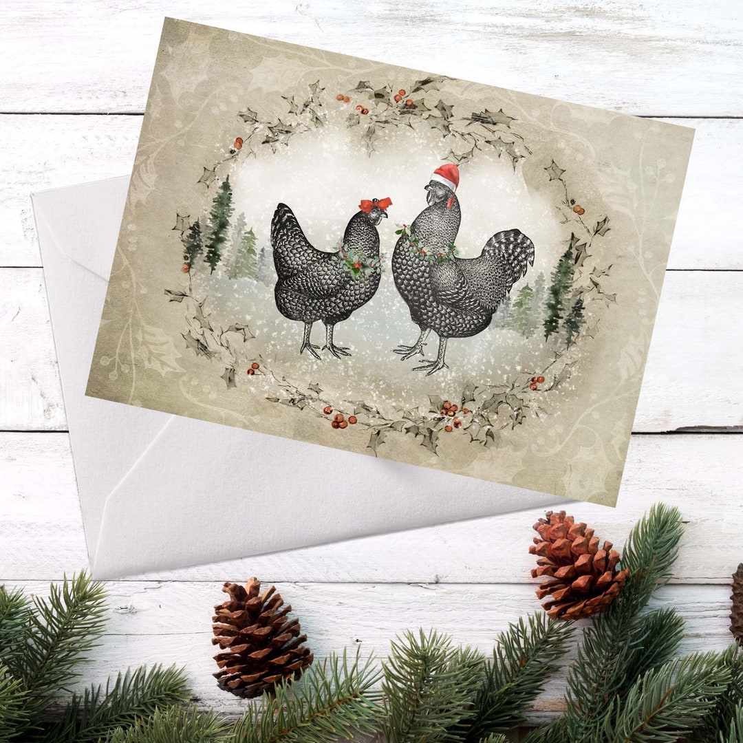 Vintage Farm Christmas Card Whimsical French Country Cottage Holiday Rooster Greeting Cards Etsy