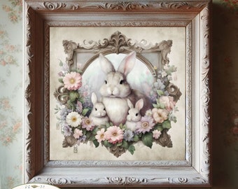 Rabbit Art Print, Mother Rabbit and Baby Bunnies Painting,  French Country Cottage Wall Decor