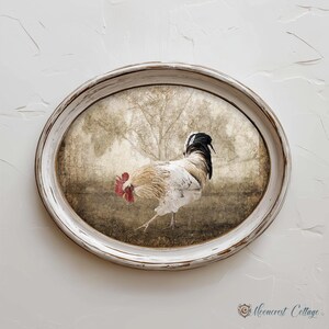 A white oval frame with a picture of a rooster inside it, hanging on a white wall.