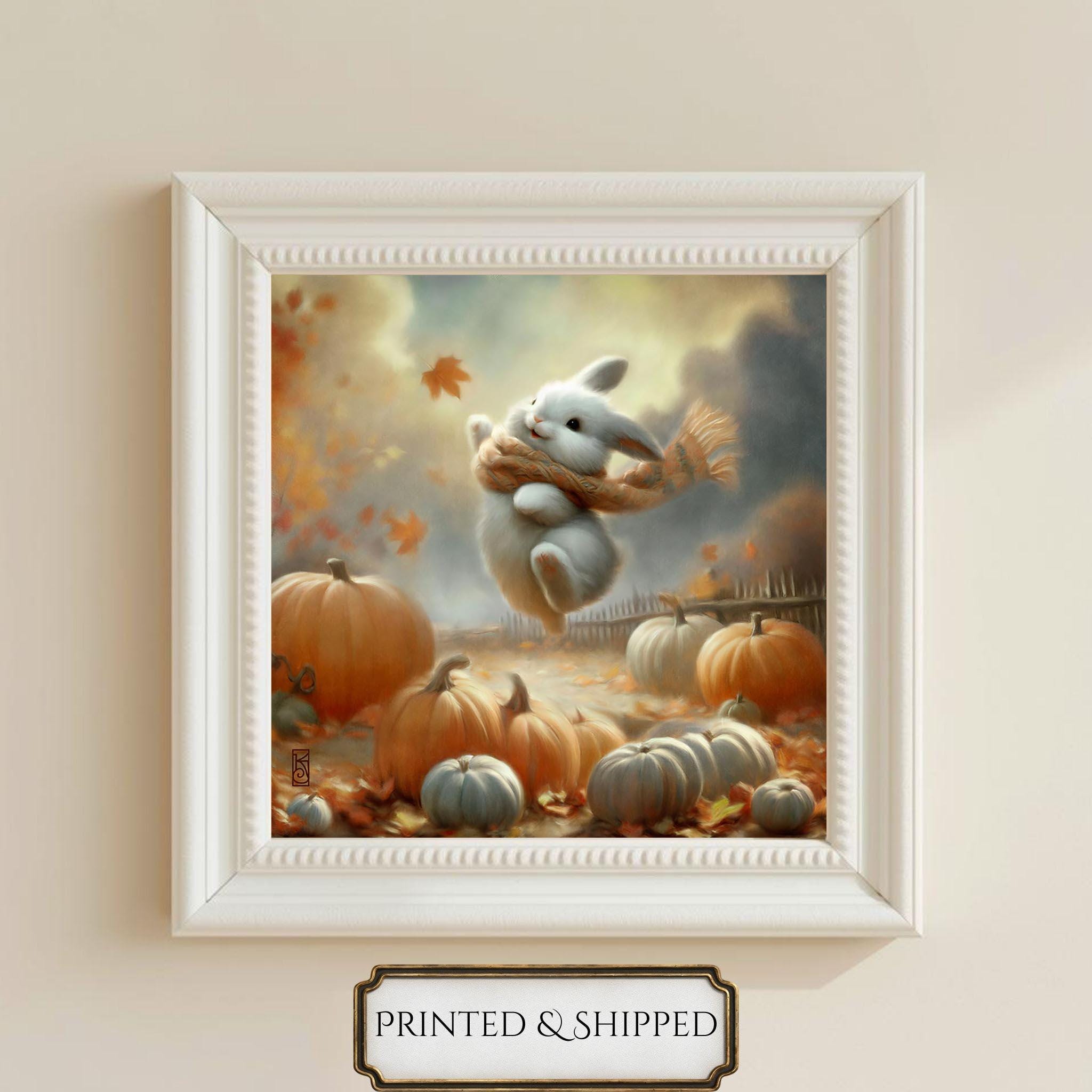 Mifi Rabbit Fall Leaping Rabbit Fall Art Print – Autumn Animal, Pumpkin Patch Scene - Etsy