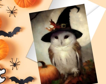 Halloween Witch Owl Blank Greeting Card Cute Country Woodland Animal Notecard