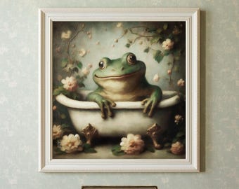 Wunderliche Frosch Badewanne Art Print, Grüne Cottagecore Badezimmer Wandkunst