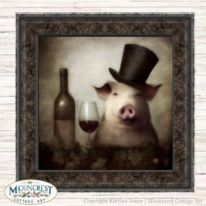 Victorian Vintage Animal Art - Dapper Pig In A Hat Painting -  Retro Style Bar Wine Decor