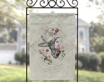 French Country Garden Yard Flag, Whimsical Flowers Pretty Hummingbird Vintage Garden Flag, Cottagecore Hummingbird Decor