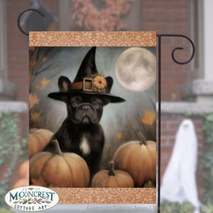 Fall French Bull Dog Garden Yard Flag, Cute Whimsical Dog Fall Flag Banner Sign Decor