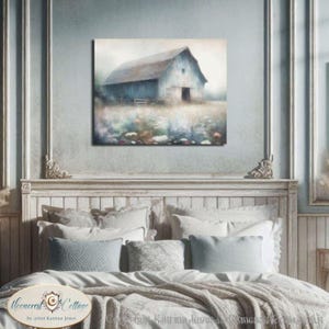 Blue Barn Flower Meadow Painting - Farmhouse Wall Art - Barn Art