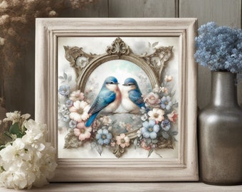 Spring French Country Cottage Wall Art, Bluebirds and Flowers Painting, Vintage Inspired Artwork, Easter Canvas Bluebirds Art Print Decor