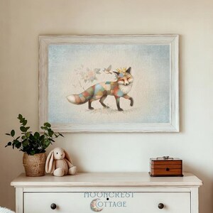 Grafika do pokoju dziecięcego z motywem lisa w patchworku | Grafika ścienna z leśnym lisem | Prezent dla dziecka z bajką w stylu heirloom | Dekoracja pokoju dziecięcego Cottagecore Animal