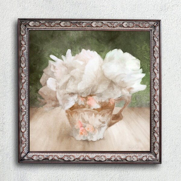 Flowers In A Teacup Art Print - French Country Cottage Shabby Chic Floral Painting Wall Decor