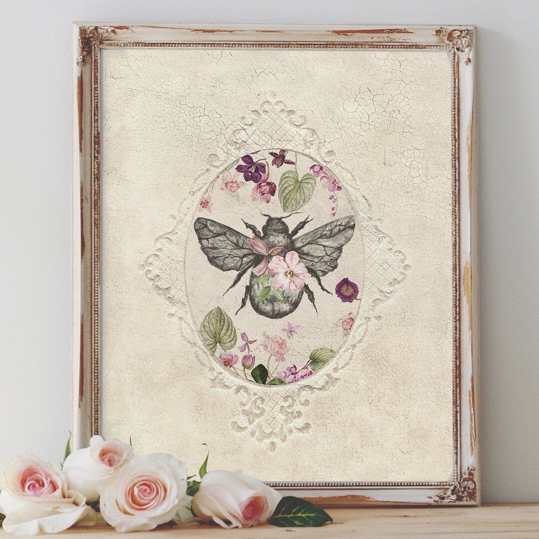 French Country Garden Art Print Whimsical Flowers Pretty Bee Vintage ...