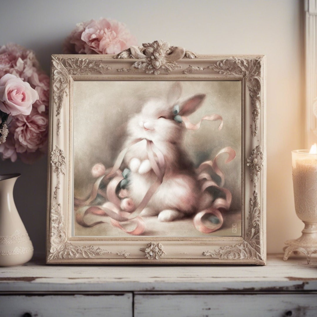 Playful Spring Rabbit Art Print Cute French Country Animal Art Easter ...