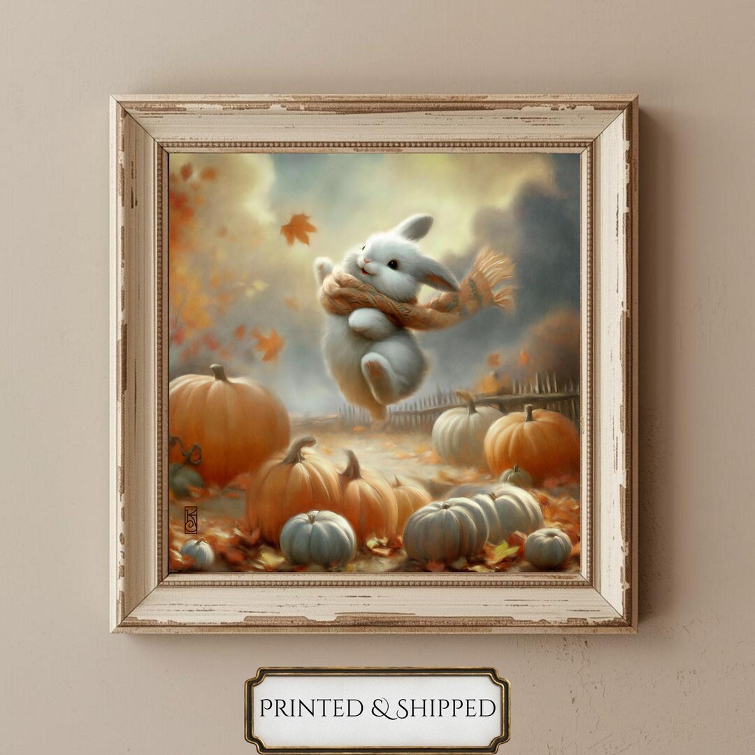 Leaping Rabbit Fall Art Print – Autumn Animal, Pumpkin Patch Scene - Etsy