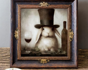 Rabbit Art - Vintage Animal Art - Fancy Rabbit With Wine Painting -  French Country Farmhouse Cottage Bar Decor