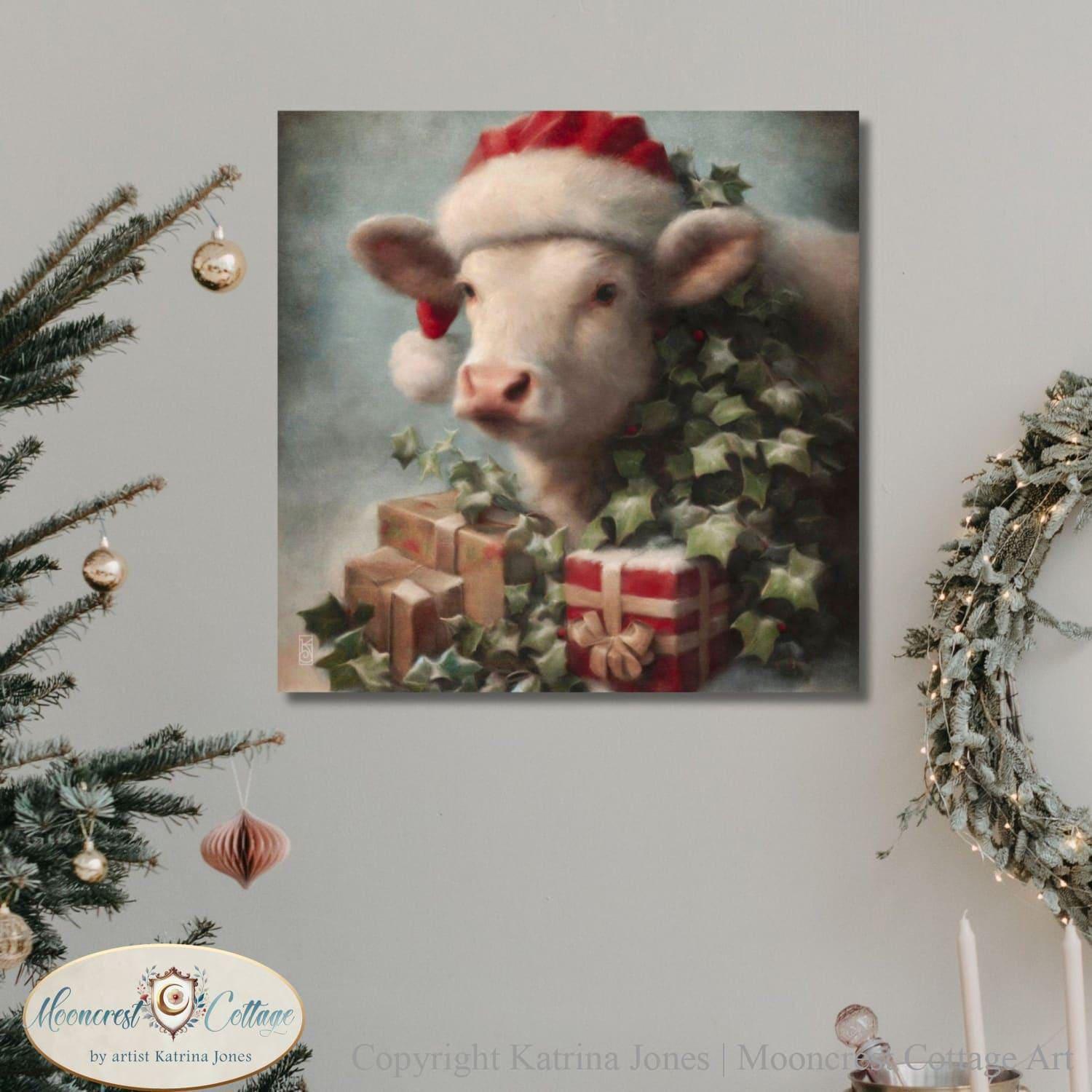 Whimsical Christmas Art Print Of A Cute Cow In A Santa Hat With Presents Painting