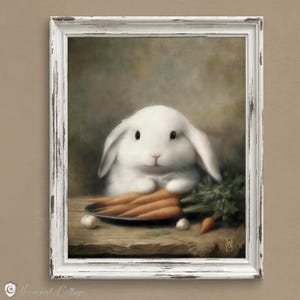 Cottage Rabbit Kitchen Art Print, Whimsical Bunny with Carrots Storybook Art