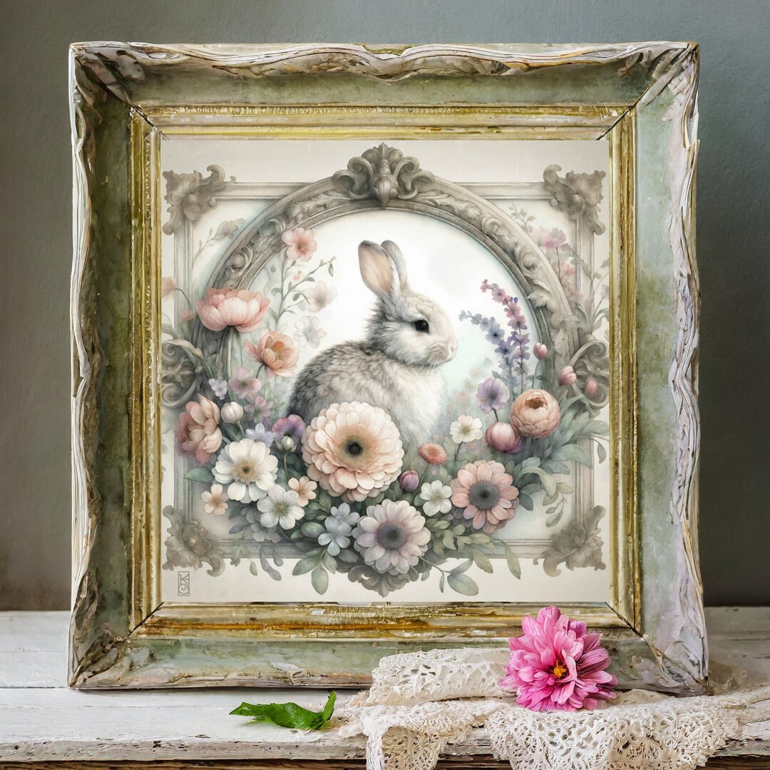 Easter White Bunny Rabbit Art Print French Country Farm Cute Vintage