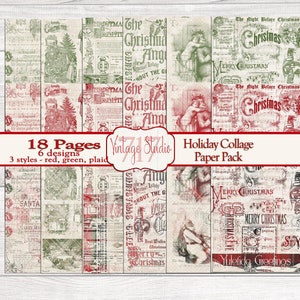 May include: A digital paper pack containing 18 pages of vintage Christmas themed collage designs. The designs feature red, green, and plaid patterns with text such as "Christmas", "Merry Christmas", and "Yuletide Greetings".