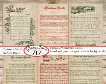 DIGITAL Christmas Music Paper Sheets on Aged or White background in red and green