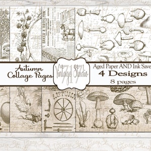 Pode incluir: Um conjunto de 8 páginas de colagem digital com ilustrações vintage de elementos outonais, incluindo cogumelos, maçãs e uma roda. As páginas são projetadas para uso em scrapbooking digital e outros projetos de artesanato. O texto nas páginas diz "Autumn Collage Pages" e "Aged Paper AND Ink Saver 4 Designs 8 pages".