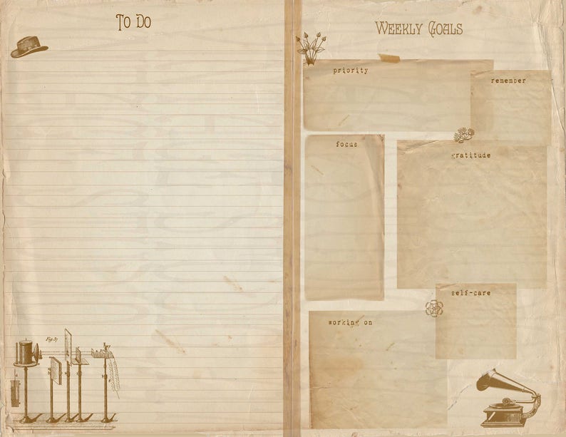 Digital Vintage Planner Printable, Steampunk style, Victorian images, aged paper, Digital Download image 1