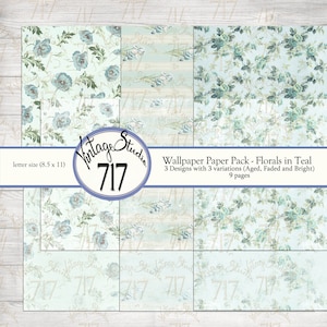Vintage Wallpaper Pack - Teal Florals, DIGITAL, druckbares Papier Pack - 9 Seiten