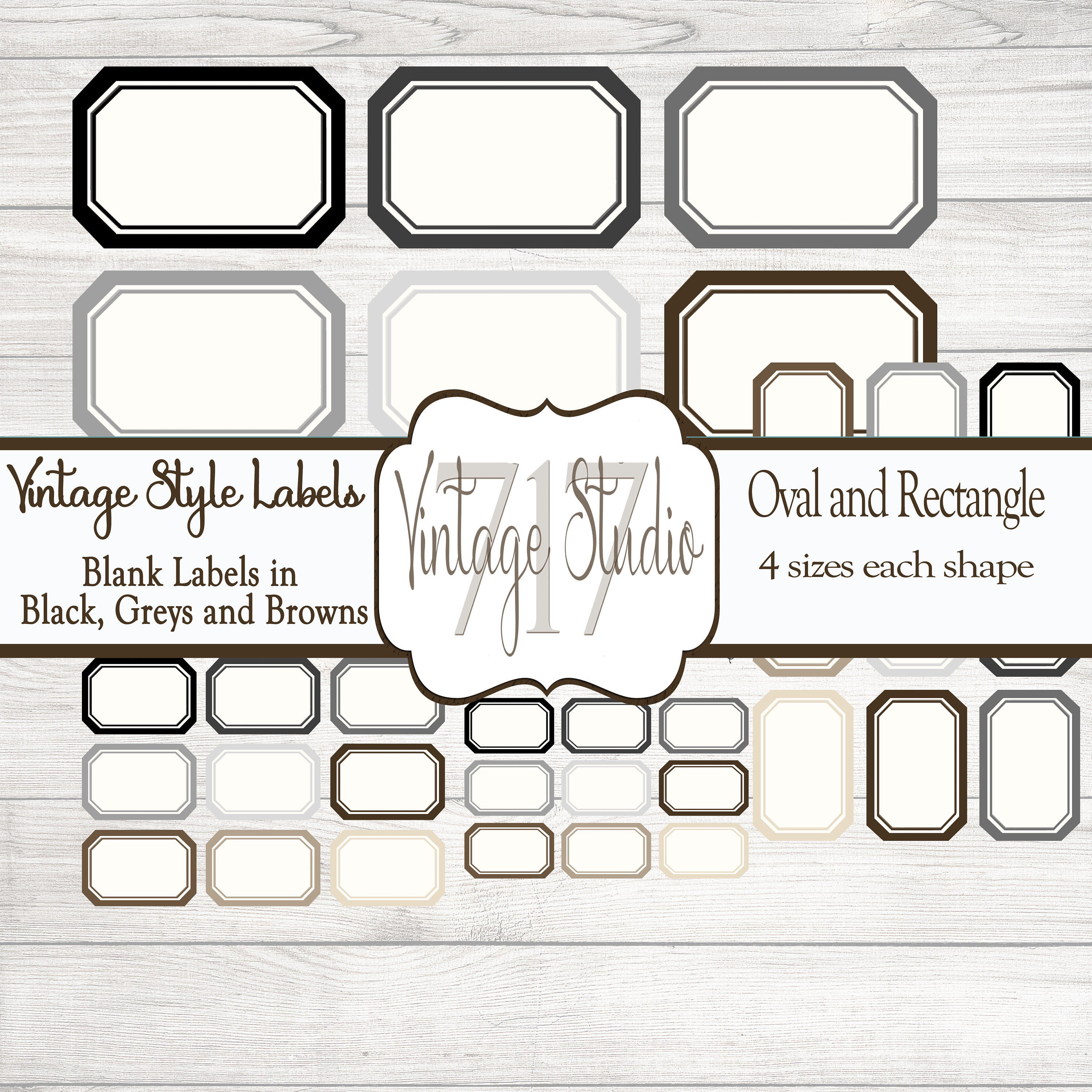 Digital Label/sticker Vintage Style in Blacks and Browns Oval and