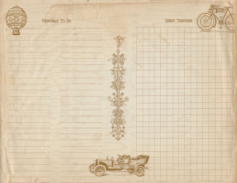 Digital Vintage Planner Printable, Steampunk style, Victorian images, aged paper, Digital Download image 10