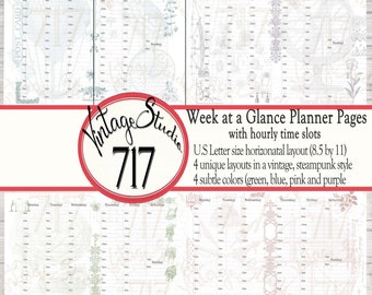 Week at a Glance Planner - hourly time slots- Printable - Vintage style - 4 unique weekly spreads -  designed for 3 sizes