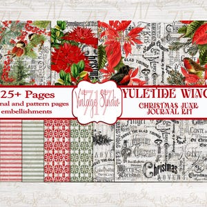 Puede incluir: Kit de diario digital navideño con el texto "Yuletide Wings" y "Christmas Junk Journal Kit". La imagen presenta páginas con flores de pascua rojas, pájaros y texto de estilo vintage. Incluye 25+ páginas de diario y adornos.