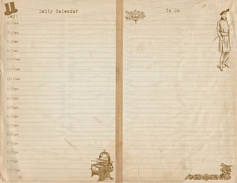 Digital Vintage Planner Printable, Steampunk style, Victorian images, aged paper, Digital Download image 8