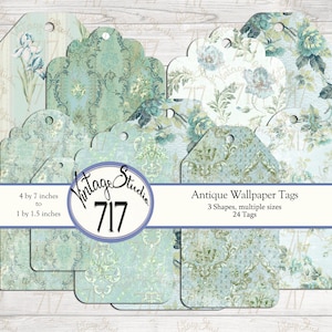 Puede incluir: Conjunto de 24 etiquetas de regalo estilo papel tapiz antiguo en tres formas y varios tamaños. Las etiquetas están impresas sobre un fondo azul claro con un patrón floral verde y blanco. Las etiquetas miden de 10,16 cm x 17,78 cm a 2,54 cm x 3,81 cm.