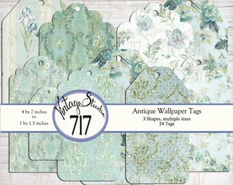 May include: Set of 24 antique wallpaper style gift tags in three shapes and various sizes. The tags are printed on a light blue background with a green and white floral pattern. The tags are 4 by 7 inches to 1 by 1.5 inches.