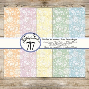 Papel floral Art Nouveau imprimible, tamaño carta (8,5 por 11), 5 colores, descarga digital