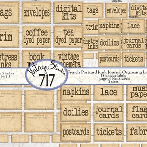 Vintage Postcard Junk Journal Supplies Organization Labels, digital printable