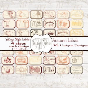 May include: A set of 36 unique vintage style autumn labels in four sizes, totaling 144 labels. The labels feature various autumn themes, including mushrooms, leaves, pumpkins, apples, and harvest scenes. The labels are printed on a cream-colored background with brown and red accents.
