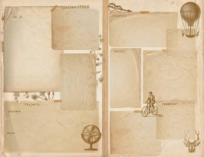 Digital Vintage Planner Printable, Steampunk style, Victorian images, aged paper, Digital Download image 7