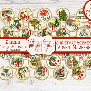 Advent Christmas Numbers Vol II, December Daily, kerstetiketten, 2 inch en 1 inch cirkels, 31 cijfers DIGITAAL