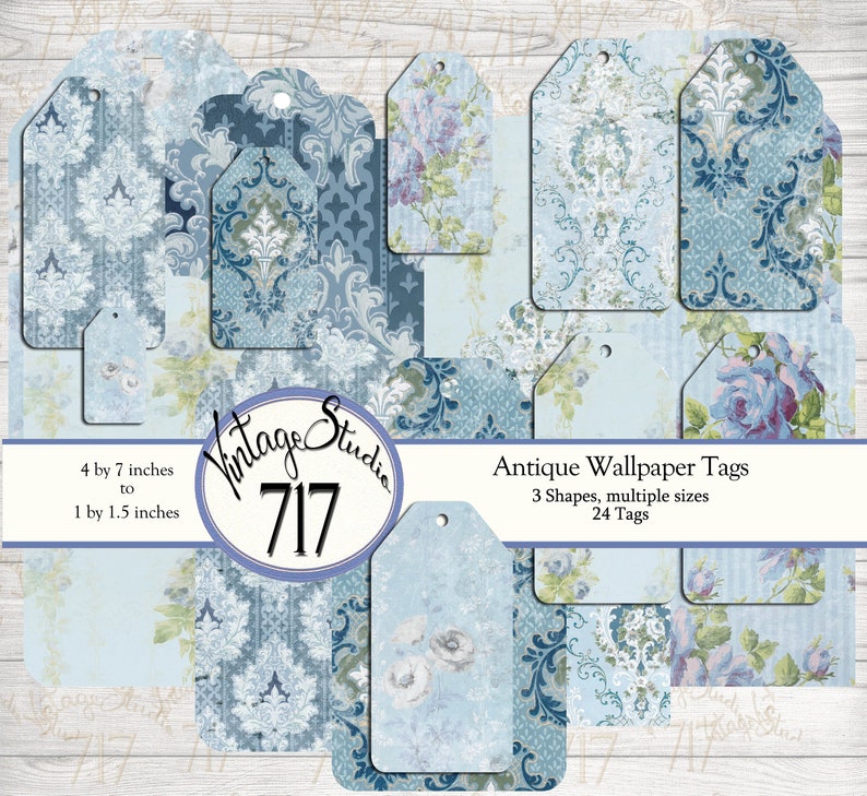 May include: A set of 24 antique wallpaper tags in blue and white with floral and damask patterns. The tags are in three shapes and various sizes, ranging from 1 by 1.5 inches to 4 by 7 inches.