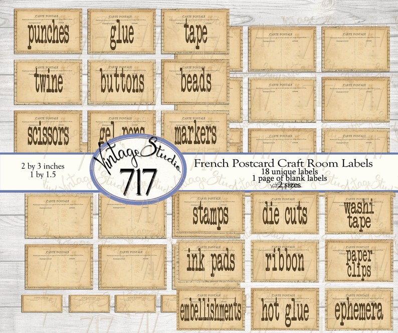 Vintage Postcard Craft Room Organization Labels, Digital Etsy