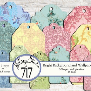 May include: A set of 24 vintage-style gift tags in various shapes and sizes. The tags feature a variety of colorful patterns, including floral, geometric, and damask designs. The tags are perfect for adding a touch of vintage charm to your gifts.
