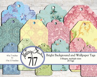 May include: A set of 24 vintage-style gift tags in various shapes and sizes. The tags feature a variety of colourful patterns, including floral, geometric, and damask designs. The tags are perfect for adding a touch of vintage charm to your gifts.